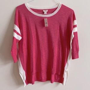 NWT J Crew Top. 3/4 sleeve. Pink and white